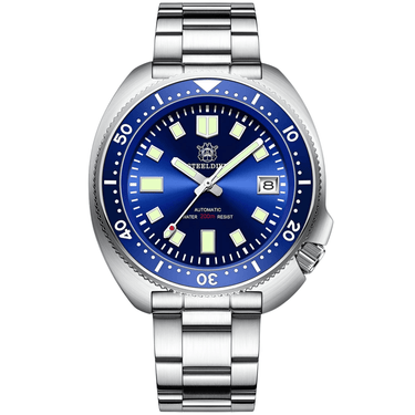 Men's Turtle Silver watch with blue dial on a white background